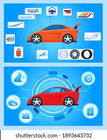 Car auto hardware diagnostics, condition of vehicle, scanning, test and monitoring, analysis, vector illustration. Car insurance service. Transport engine, automobile with auto icons.