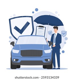 Car auto Insurance agent with documents and car. Vector illustration in flat style