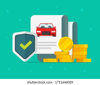 Car or auto insurance financial guarantees purchase protection or automobile secure safety buy guarantee care warranty vector flat cartoon, assurance legal doc policy concept modern design