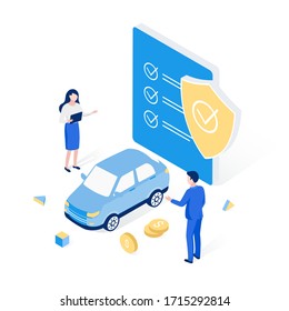 Car auto insurance isometric concept. Man insures his car. Insurance agent, policy and money coins. Trendy flat 3d isometric style. Vector illustration.