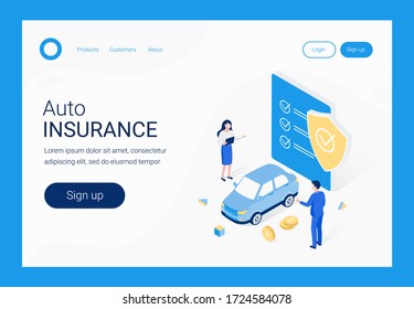 Car auto insurance isometric concept. Man insures his car. Insurance agent, policy and money coins. Trendy flat 3d isometric style. Landing page template. Vector illustration.