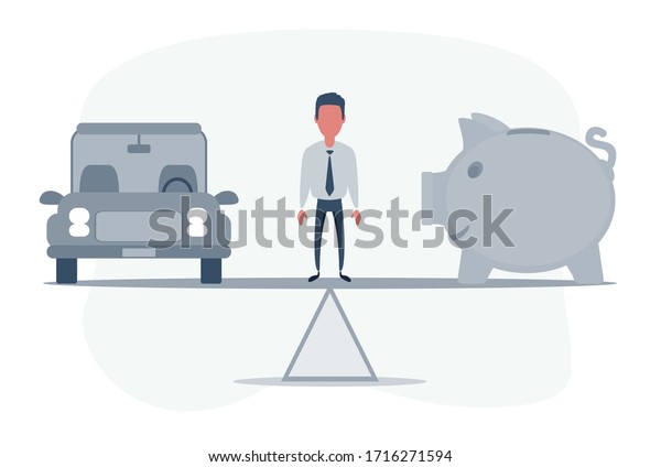 Car, Auto\
loan or transforming assets into cash concept. Car model, piggy\
bank on simple balance scale, depicts car owner or borrower turns\
personal properties into cash or\
wealth.