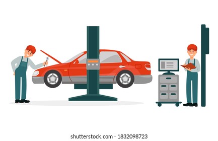 Auto- oder Automatikmechanik Reparatur und Instandhaltung von Vektorgrafik-Set für Automobile