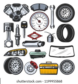 Car auto parts icons and tools. Vector engine valves, brake pads or manometer, tire and rims, spark plug and wrench, mechanic toolbox for repair, headlight and windshield, car key and jack