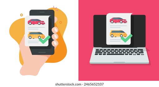 Car auto rental choose on mobile cell phone app vector, internet laptop computer vehicle comparison shop, dealership online service, buy sell pc and cellphone smartphone tech image clip art