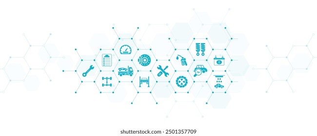 Ilustración vectorial de reparación de automóviles. Concepto con iconos relacionados con el servicio e inspección de automóviles, revisión de motores, cambio de aceite, mantenimiento automotriz, taller de reparación de vehículos o automóviles.