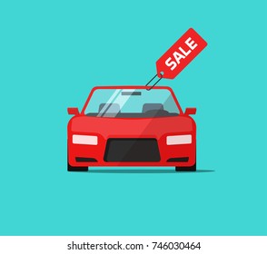 Car Or Auto Sale Vector Illustration, Flat Cartoon Automobile With Sale Tag, Idea Of Rent Or Buy Service Promotion Label, Concept Of Dealership Banner