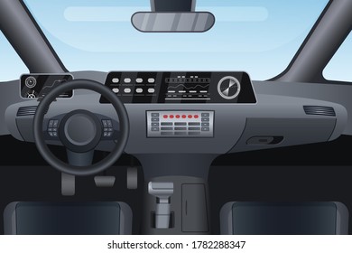 Car auto salon interior vector illustration. Cartoon flat details of front automobile dashboard black panel, window windshield, rudder steering wheel, mirror. Modern car vehicle inside view background