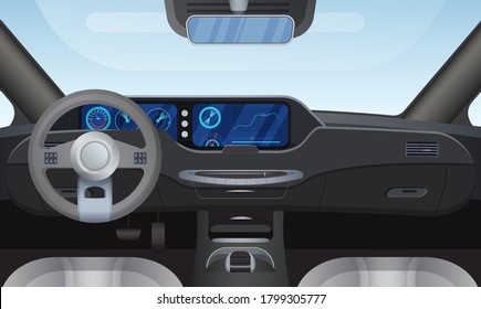 Car auto salon interior vector illustration. Cartoon flat details of front automobile dashboard black panel, window windshield, rudder steering wheel, mirror. Modern car vehicle inside view background