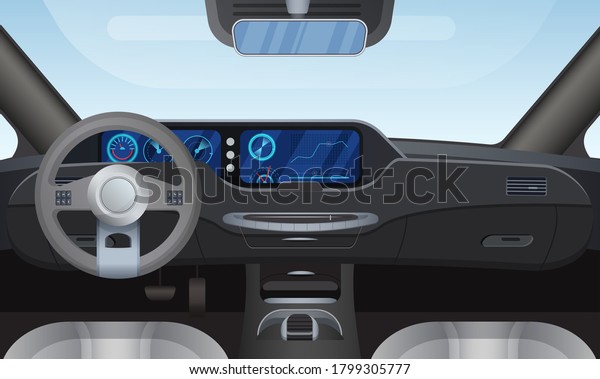 Car auto salon interior vector illustration.\
Cartoon flat details of front automobile dashboard black panel,\
window windshield, rudder steering wheel, mirror. Modern car\
vehicle inside view\
background