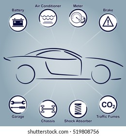 Car Auto Service Abstract Lines. Design elements with mechanical parts icons. Vector illustration