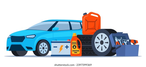 Composición de accesorios de auto-servicio con kit de herramientas, cartucho de gasolina y batería. Ilustración del vector