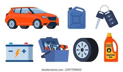 Car and auto service accessories composition with tool kit, gasoline canister and battery. Vector illustration