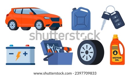 Car and auto service accessories composition with tool kit, gasoline canister and battery. Vector illustration