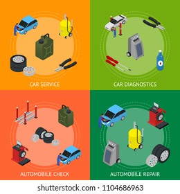 Car Auto Service Banner Card Set Isometric View Diagnostic Equipment Maintenance Repair Parts of Garage Station. Vector illustration of Cards Autoservice