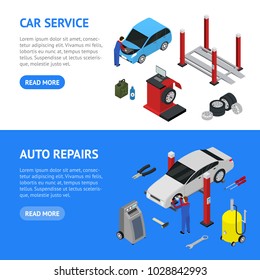 Car Auto Service Banner Horizontal Set Isometric View Diagnostic Equipment Maintenance Repair and Working for Garage Station. Vector illustration of Elements Autoservice