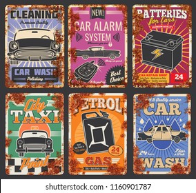 Car and auto service cards or retro posters with rust effect. Vector vintage rusty design for car wash or mechanic repair and petrol station, garage tire fitting, taxi and spare parts store