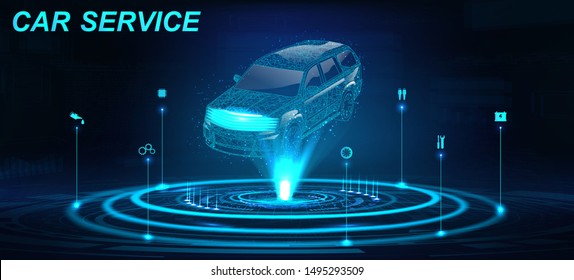 Car Auto Service in futuristic style HUD with hologram crossover and icons. Low poly 3D car projection. Scanning and automobile data analysis. Car Auto Service, Modern Design, Diagnostic. Vector 