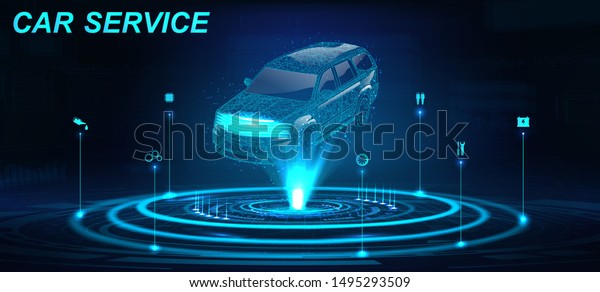 Car Auto Service in futuristic style HUD with hologram\
crossover and icons. Low poly 3D car projection. Scanning and\
automobile data analysis. Car Auto Service, Modern Design,\
Diagnostic. Vector 