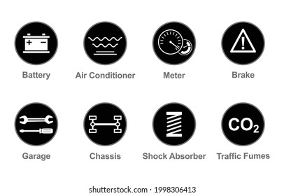 Car Auto Service And Garage Abstract Signs. Design Elements With Mechanical Parts Icons. Vector Illustration