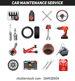 Car auto service garage center equipment for fixing and maintaining vehicles flat icons collection abstract isolated vector illustration  