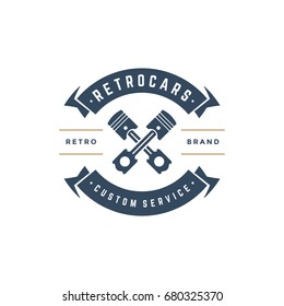 Car auto service logo template vector design element vintage style for label or badge retro illustration. Pistons silhouette.