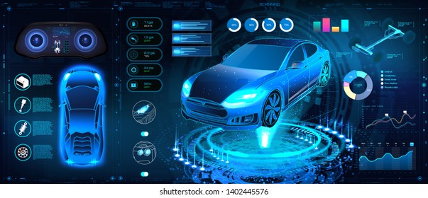 Car Auto Service, Modern Design HUD, Diagnostic Auto infographic. Futuristic User Interface. Virtual Graphical Interface in Modern Style (FUI, Auto Scanning, Analysis and Diagnostics) HUD Auto Repair