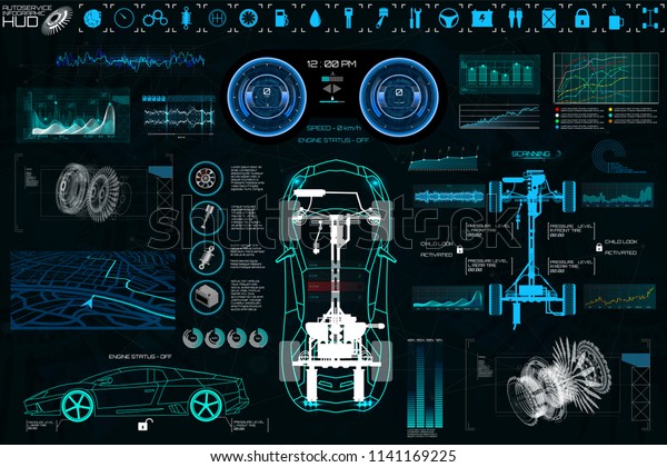Car Auto Service, Modern Design HUD, Diagnostic\
Auto (view from above) Virtual Graphical Interface in Modern Style\
(Infographics, Auto Scanning, Analysis and Diagnostics) HUD Vector\
Set Elements