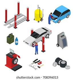 Car Auto Service Set Isometric View Diagnostic Equipment Maintenance Repair and Working for Garage Station. Vector illustration of Elements Autoservice