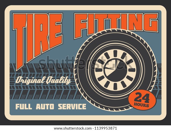Car\
auto service or tire fitting station retro poster. Vector vintage\
design of tire track of car light alloy wheel for automobile spare\
parts shop or transport mechanic garage repair\
center
