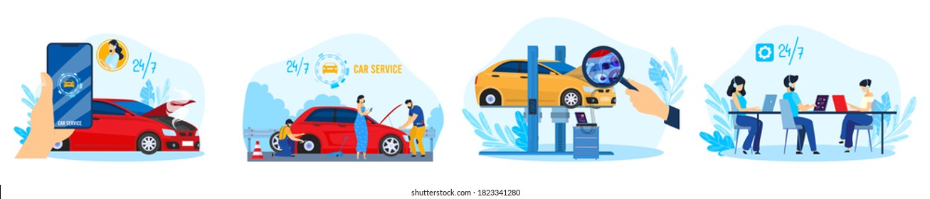 Car auto service vector illustration set. Cartoon flat repairman mechanics in repair work process with equipment and clients, mobile app for automobile car repairing call center isolated on white