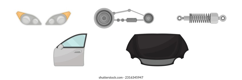 Car and Auto Spare Parts with Mounting, Door, Bumper and Headlamp Vector Set