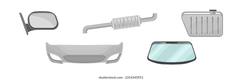 Car and Auto Spare Parts with Muffler, Heat Radiator, Front Bumper and Wind Screen Vector Set