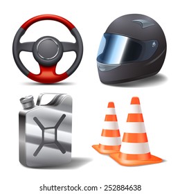 Car auto sport racing realistic icons set with steering wheel helmet gasoline can and cones isolated vector illustration