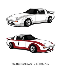 Car auto sport. vintage and classic car, view from side with perspective, vector illustration.