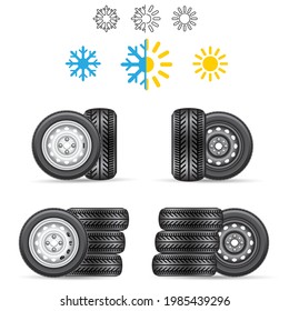 Neumático de auto todo el verano invernal de temporada aislado sobre fondo blanco. Rieles de ruedas de neumáticos con símbolo de copo de nieve y símbolo de sol