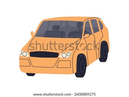 Car, auto vehicle exterior with driver silhouette behind steering wheel, driving. Road trip, travel, outdoor outside view. Crossover transport. Flat vector illustration isolated on white background