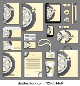 Car auto wheel corporate identity template set. Business stationery mock-up with logo. Branding design. 