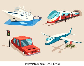 Car Or Auto, Yacht Or Ship, Plane Or Jet, Train On Railroad Or Locomotive, Aircraft And Airplane, Express Vehicle, Marine Cruise Vessel. Travel And Tourism, Transport And Trip, Vacation Theme