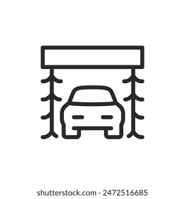 Car in automatic wash, linear style icon. Car with spinning brushes on sides. Editable stroke width