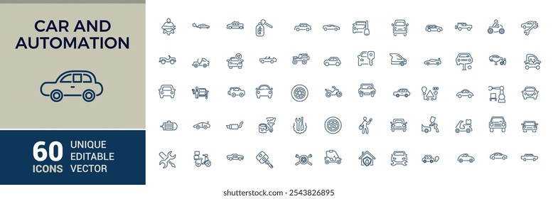 car and automation icons in linear style. Contains such icons as data, service, robo, lot, business, drive, on and more. Thin outline icons pack. Editable stroke. Vector illustration.