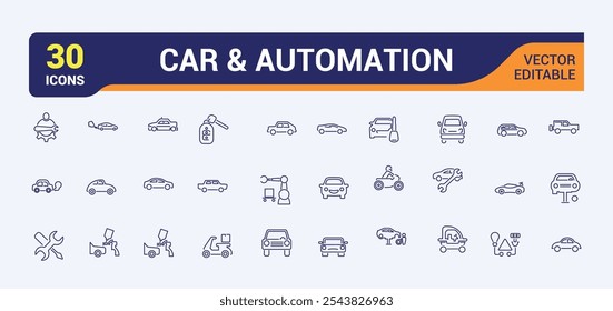 ícones de carro e automação em estilo linear. Contém ícones como dados, serviço, robô, lote, negócios, drive, on e muito mais. Pacote fino de ícones de estrutura de tópicos. Traçado editável. Ilustração vetorial.