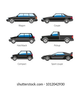 Car automobile body type names vector flat isolated icons set