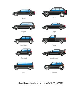 Car or automobile body type names vector flat isolated icons set