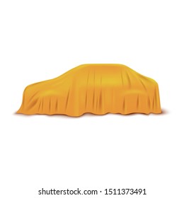 Car or automobile covered with yellow satin cloth or curtain 3d realistic vector illustration isolated on white background. Surprising gift, prize presentation.
