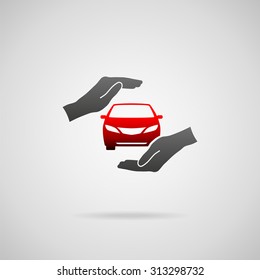 Car (automobile) insurance and collision damage waiver concepts. Vector icon of car in hands in protective gesture.