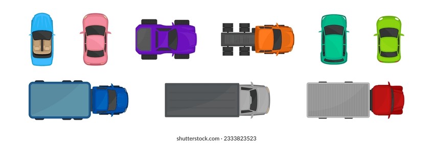 Car and Automobile as Motor Vehicle Park Top View Vector Set