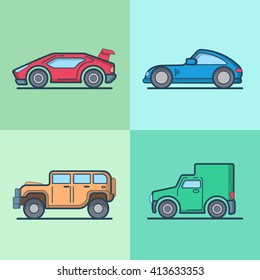 Car Automobile Sportscar Supercar Roadster Jeep Van Cool Transport Set. Linear Stroke Outline Flat Style Vector Icons. Color Outlined Icon Collection.