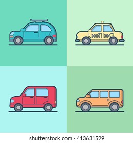 Car automobile taxi cab jeep SUV vehicle sedan hatchback cool transport set. Linear stroke outline flat style vector icons. Color outlined icon collection.