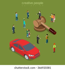 Car automobile vehicle auction flat 3d isometry isometric concept web vector illustration. Micro characters big gavel mallet hammer and car. Creative people collection.